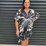 Vestido caftán para mujer - Corte holgado - Estampado tie-dye - Cuello con cordones - Mangas cortas