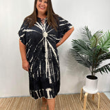Vestido caftán para mujer - Corte holgado - Estampado tie-dye - Cuello con cordones - Mangas cortas