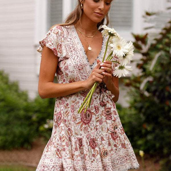 Vestido corto para mujer - Estampado floral - Cuello en V cruzado - Mangas con volantes - Corte acampanado