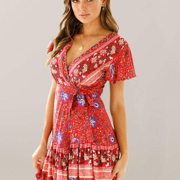 Vestido corto para mujer - Estampado floral - Cuello en V cruzado - Mangas con volantes - Corte acampanado