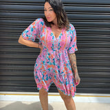 Vestido de mujer - Estampado floral - Corte acampanado - Cuello en V - Mangas cortas con volantes