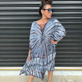 Vestido caftán para mujer - Corte holgado - Estampado tie-dye - Cuello con cordones - Mangas cortas