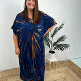 Vestido caftán para mujer - Corte holgado - Estampado tie-dye - Cuello con cordones - Mangas cortas
