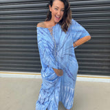 Vestido caftán para mujer - Corte holgado - Estampado tie-dye - Cuello con cordones - Mangas cortas