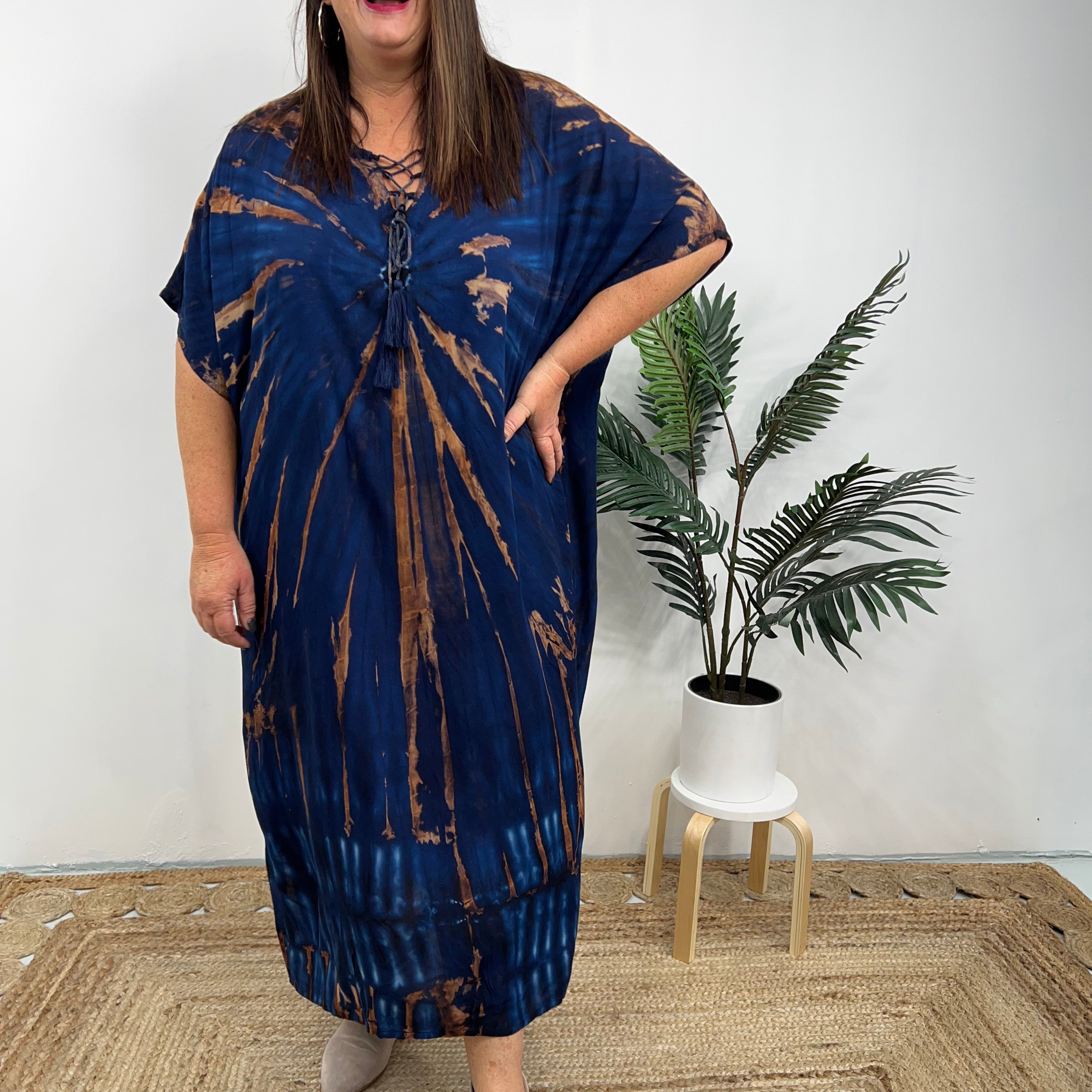 Vestido caftán para mujer - Corte holgado - Estampado tie-dye - Cuello con cordones - Mangas cortas