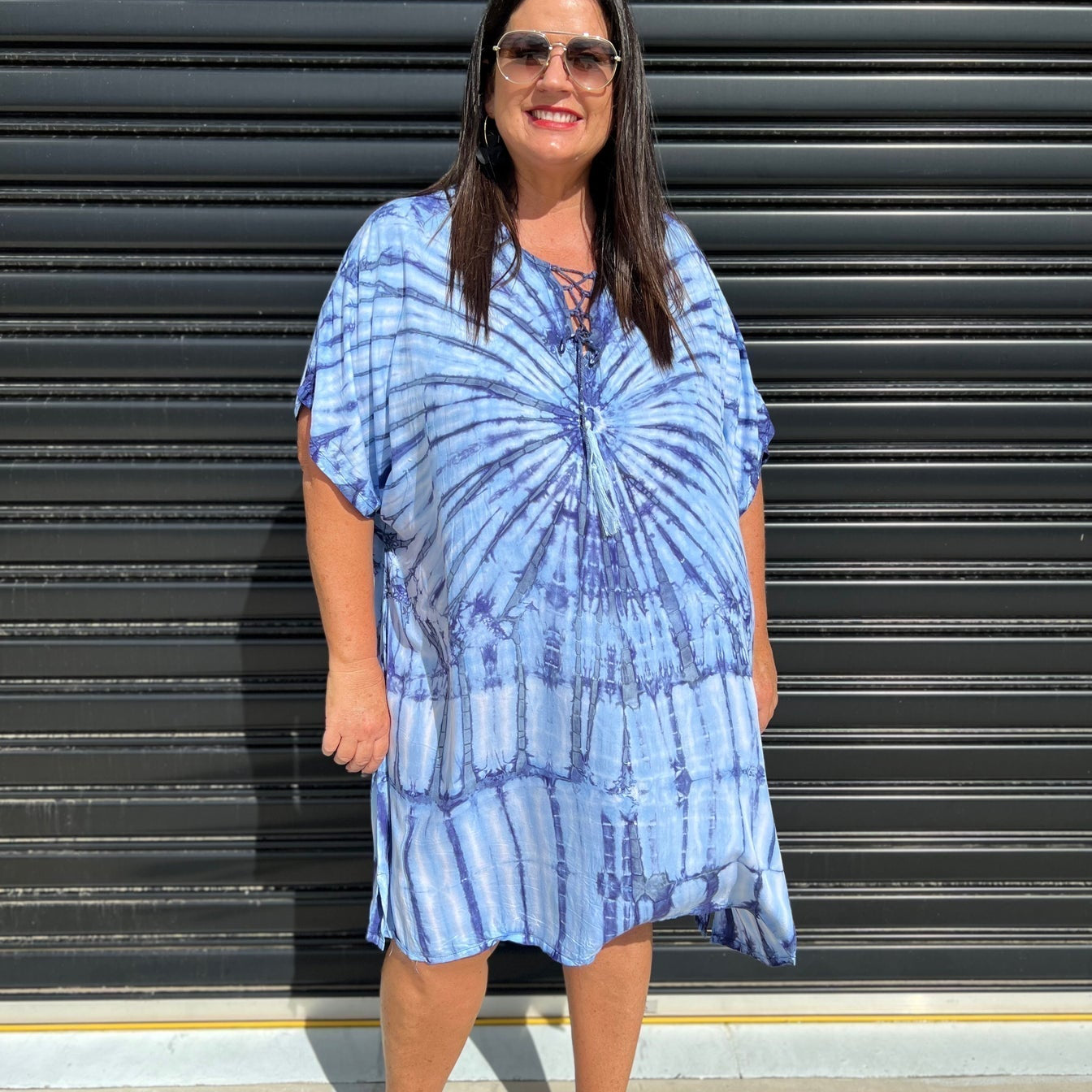 Vestido caftán para mujer - Corte holgado - Estampado tie-dye - Cuello con cordones - Mangas cortas