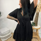 Vestido de mujer - Estampado floral - Corte acampanado - Cuello en V - Mangas cortas con volantes