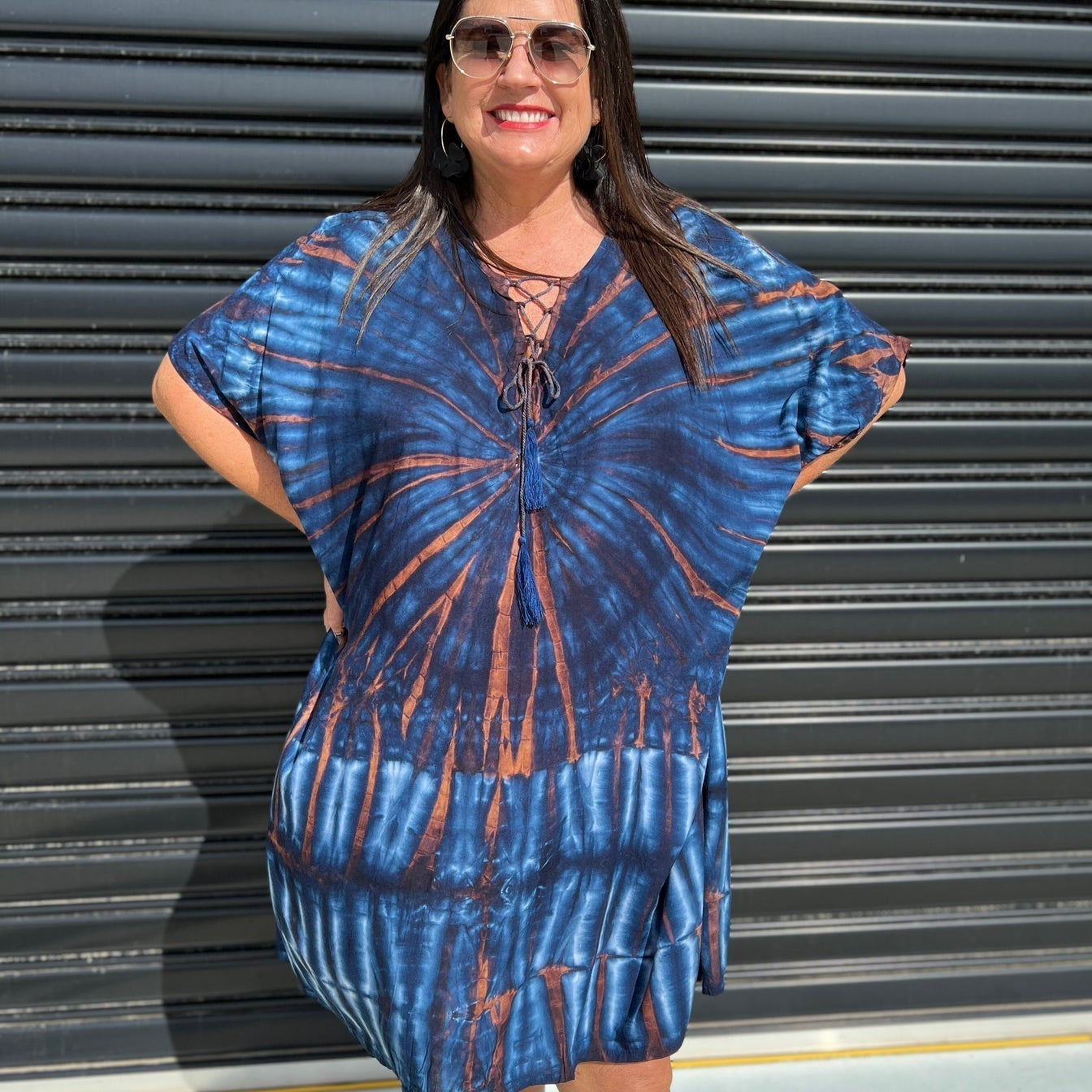 Vestido caftán para mujer - Corte holgado - Estampado tie-dye - Cuello con cordones - Mangas cortas
