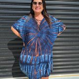 Vestido caftán para mujer - Corte holgado - Estampado tie-dye - Cuello con cordones - Mangas cortas
