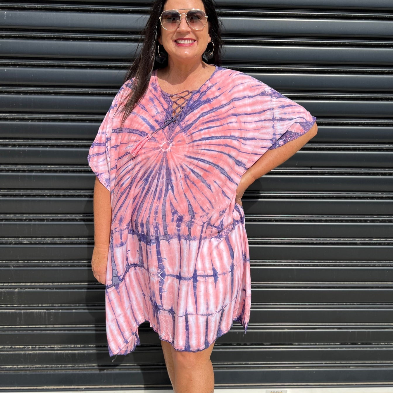 Vestido caftán para mujer - Corte holgado - Estampado tie-dye - Cuello con cordones - Mangas cortas