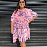 Vestido caftán para mujer - Corte holgado - Estampado tie-dye - Cuello con cordones - Mangas cortas