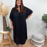 Vestido caftán para mujer - Corte holgado - Estampado tie-dye - Cuello con cordones - Mangas cortas