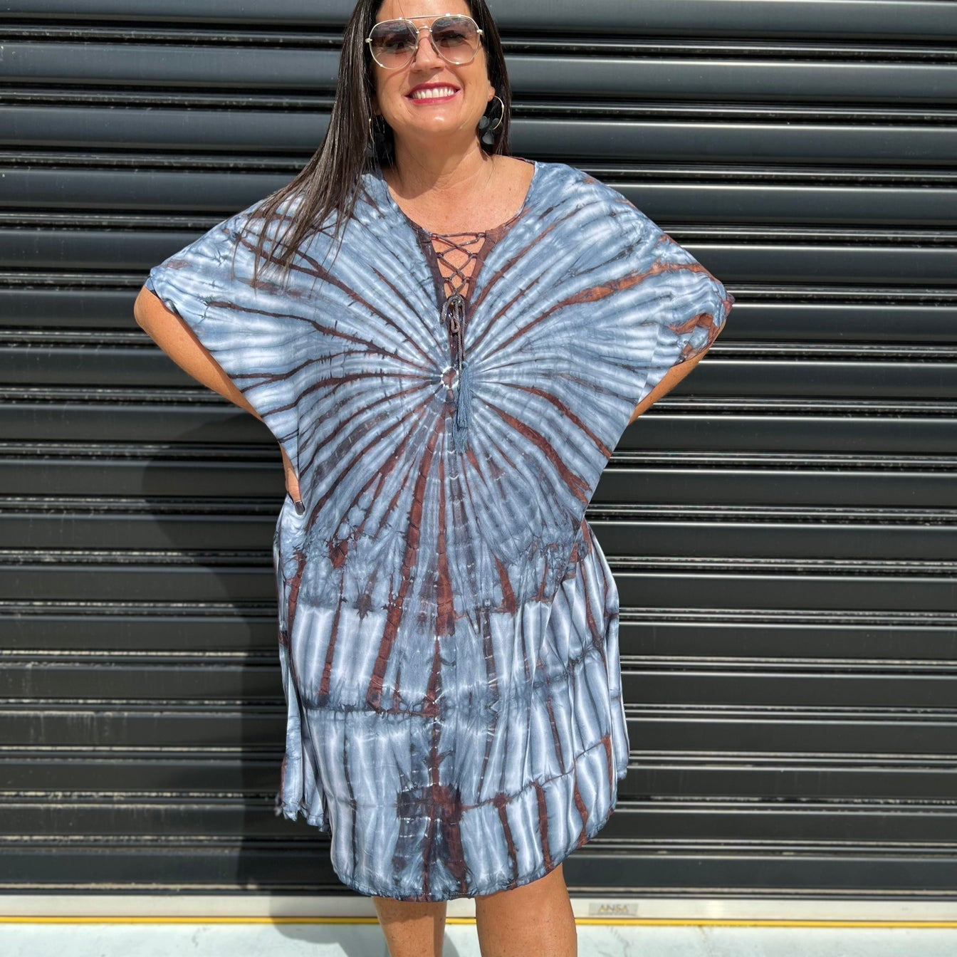 Vestido caftán para mujer - Corte holgado - Estampado tie-dye - Cuello con cordones - Mangas cortas
