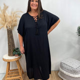Vestido caftán para mujer - Corte holgado - Estampado tie-dye - Cuello con cordones - Mangas cortas