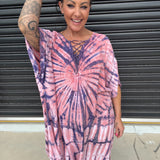 Vestido caftán para mujer - Corte holgado - Estampado tie-dye - Cuello con cordones - Mangas cortas
