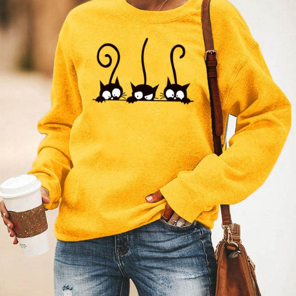 Sudadera de mujer – Corte oversize – Algodón suave – Cuello redondo – Estampado de gato divertido