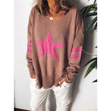 Suéter de mujer – Corte holgado – Punto suave – Cuello redondo – Estampado de estrellas – Mangas a rayas
