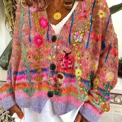 Cárdigan de mujer – Corte oversize – Punto grueso – Estampados artísticos – Abotonado
