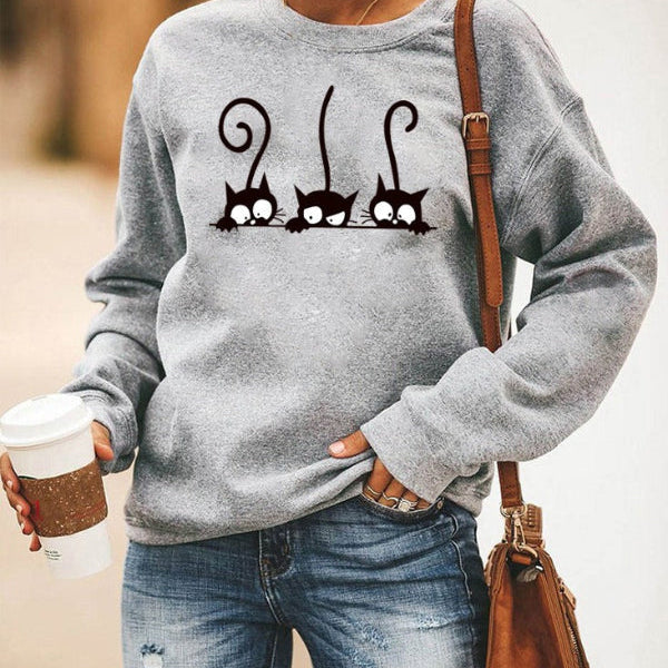 Sudadera de mujer – Corte oversize – Algodón suave – Cuello redondo – Estampado de gato divertido