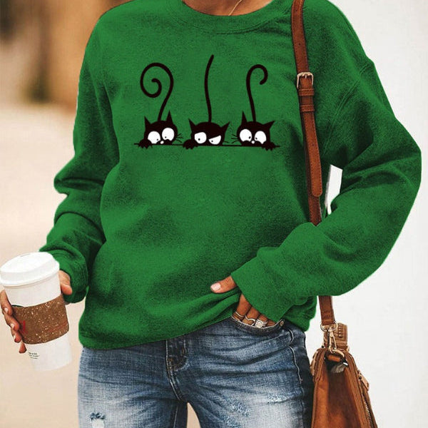 Sudadera de mujer – Corte oversize – Algodón suave – Cuello redondo – Estampado de gato divertido