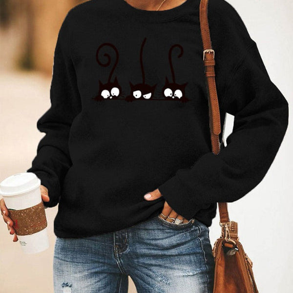 Sudadera de mujer – Corte oversize – Algodón suave – Cuello redondo – Estampado de gato divertido