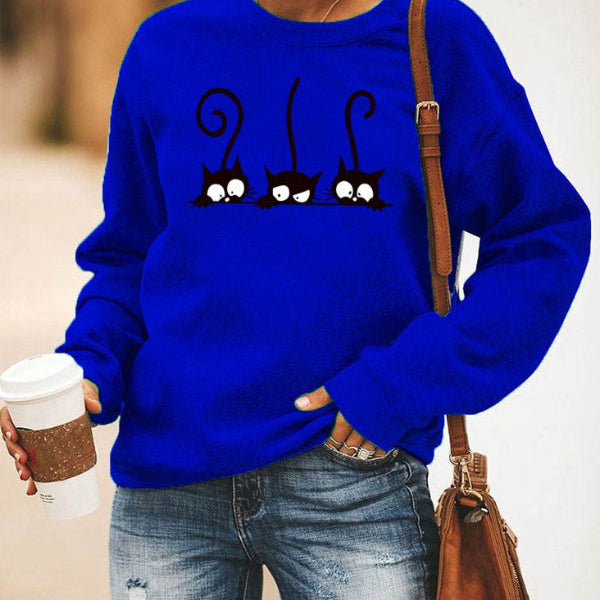 Sudadera de mujer – Corte oversize – Algodón suave – Cuello redondo – Estampado de gato divertido