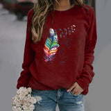 Sudadera de mujer – Corte holgado – Estampado de plumas – Cuello redondo – Mangas largas