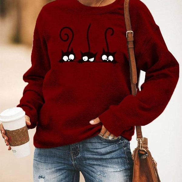 Sudadera de mujer – Corte oversize – Algodón suave – Cuello redondo – Estampado de gato divertido
