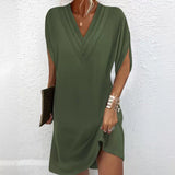 Vestido mini para mujer – Cuello en V plisado – Mangas de murciélago – Corte ligero y fluido