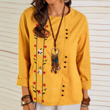 Blusa casual de mujer – Lino de algodón – Corte holgado – Mangas 3/4 – Bordado floral