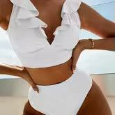 Bikini para mujer – Top con volantes y escote en V – Cintura alta – Tejido elástico transpirable