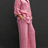 Conjunto de mujer – Lino – Corte holgado – Camisa abotonada – Pantalones anchos