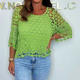 Blusa de mujer – Corte holgado – Punto de crochet – Bajo festoneado – Mangas 3/4