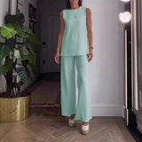 Conjunto de blusa sin mangas y pantalón palazzo para mujer – Corte holgado – Algodón suave