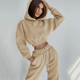 Conjunto de ropa de estar por casa para mujer: corte holgado, sudadera corta con capucha y pantalones con cordón en la cintura.