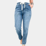 Pantalones de mujer – Cintura alta – Corte relajado – Estilo denim de algodón – Cordón ajustable
