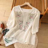 Blusa de mujer – Corte relajado – Tejido de algodón – Bordado floral – Mangas 3/4