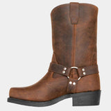 Botas de media caña para mujer – Piel lisa – Diseño de arnés – Hebilla metálica – Tachuelas decorativas