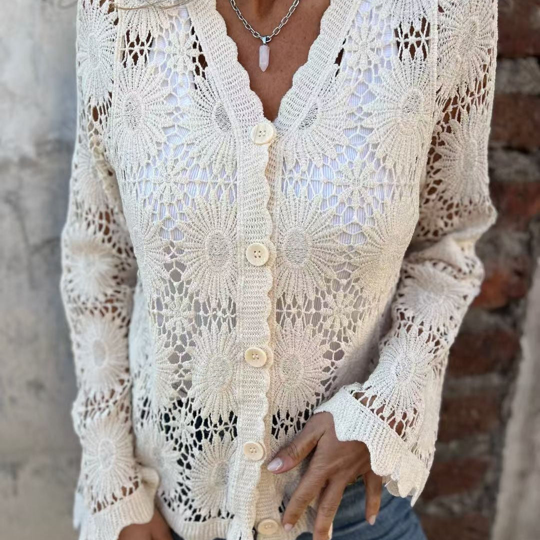 Top de encaje para mujer – Cuello en V – Mangas largas – Corte holgado – Abotonado