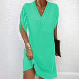Vestido mini para mujer – Cuello en V plisado – Mangas de murciélago – Corte ligero y fluido