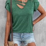 Camiseta de mujer con cuello en V – Punto suave – Corte holgado – Mangas cortas – Detalle cruzado