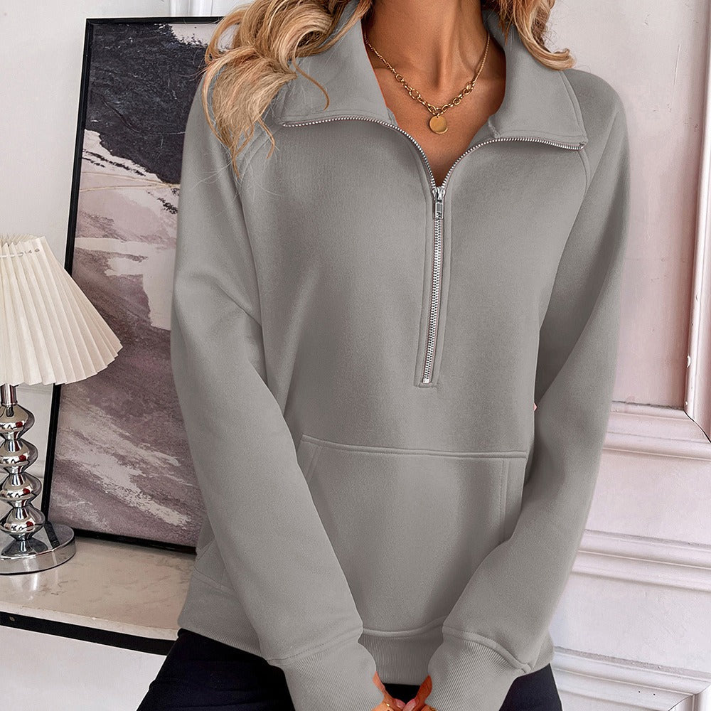 Sudadera de mujer – Corte holgado – Algodón suave – Cuello alto con media cremallera – Bolsillo tipo canguro