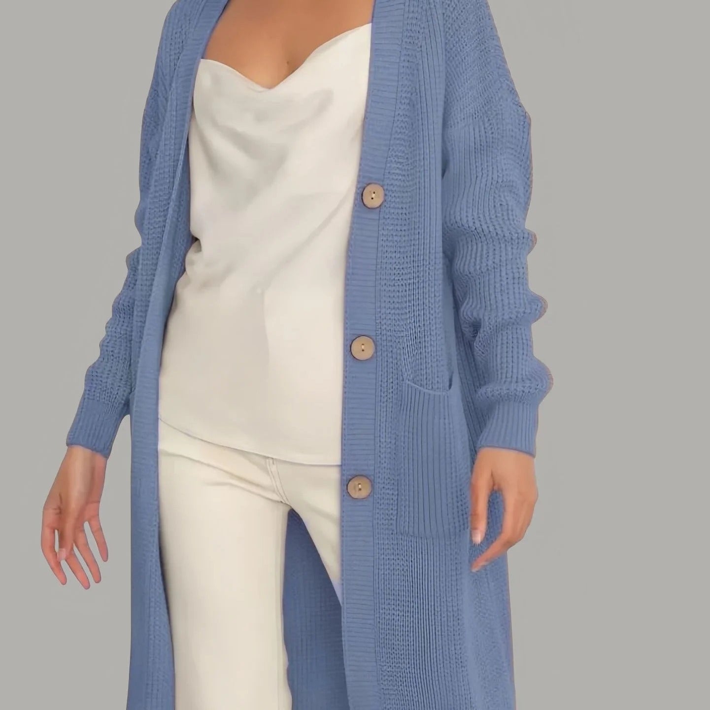 Cárdigan largo de mujer – Corte relajado – Punto suave – Abotonado – Con bolsillos