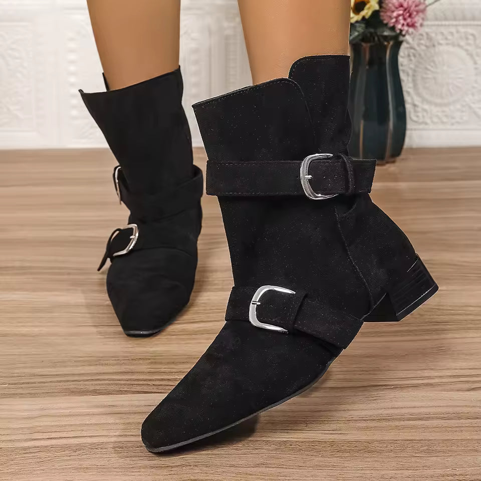 Botines de mujer – Ante – Punta puntiaguda – Correa con hebilla – Tacón bajo cómodo