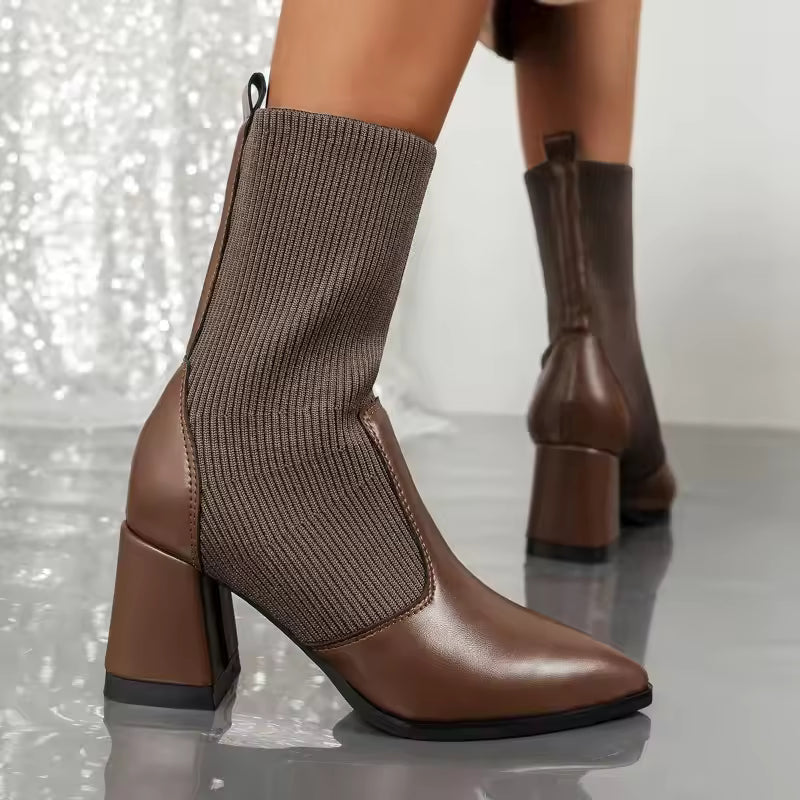 Botines de mujer – Punta puntiaguda – Parte superior tipo calcetín – Tacón grueso en bloque – Corte ajustado