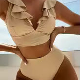 Bikini para mujer – Top con volantes y escote en V – Cintura alta – Tejido elástico transpirable