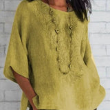 Blusa de mujer – Corte holgado – Mangas cortas – Bordado delantero – Fibras naturales