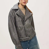 Chaqueta de cuero para mujer – Corte oversize – Estilo motero – Cintura con cinturón – Detalles plateados