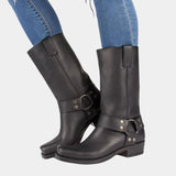 Botas de media caña para mujer – Piel lisa – Diseño de arnés – Hebilla metálica – Tachuelas decorativas