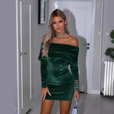 Vestido mini de mujer – Corte entallado – Hombros descubiertos – Mangas largas – Tejido de terciopelo